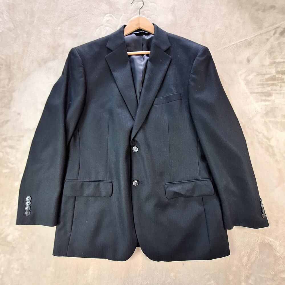 Stafford Suit Jacket Mens 42R Black Wool Bamboo Herringbone Single Vent 2 Btn
